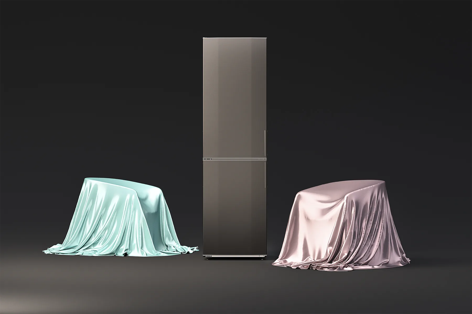 Refrigerator with armchairs covered in silk drapes. Realistic 3D rendering for interior design