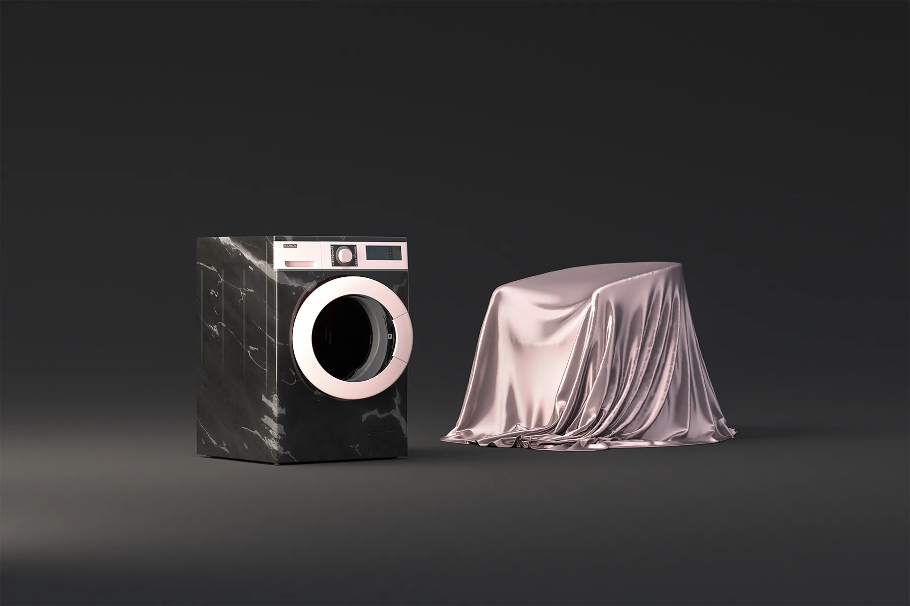 Washing machine in "marble" with a silk-upholstered chair on a grey background. Realistic 3D rendering for interior design