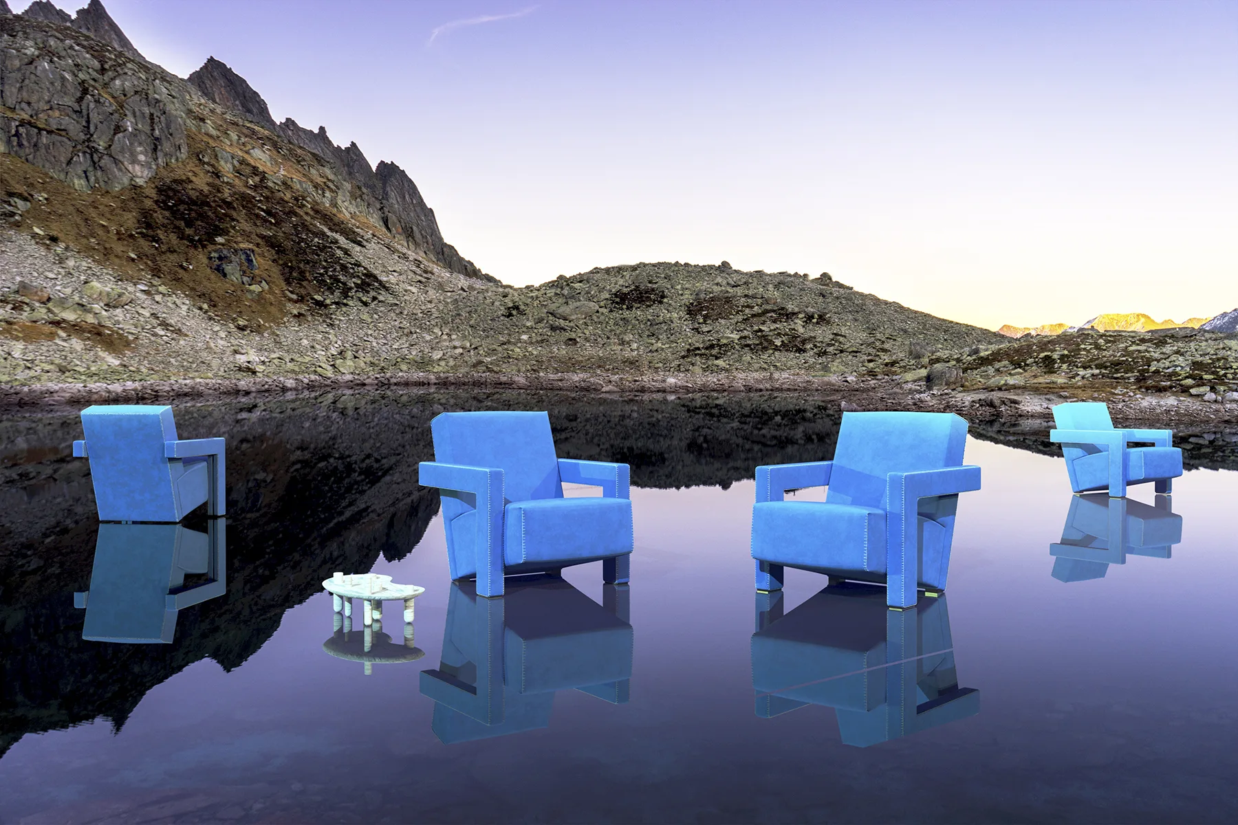 Architectural composition of blue seating in a modern interior, photography by Filippo Piantanida