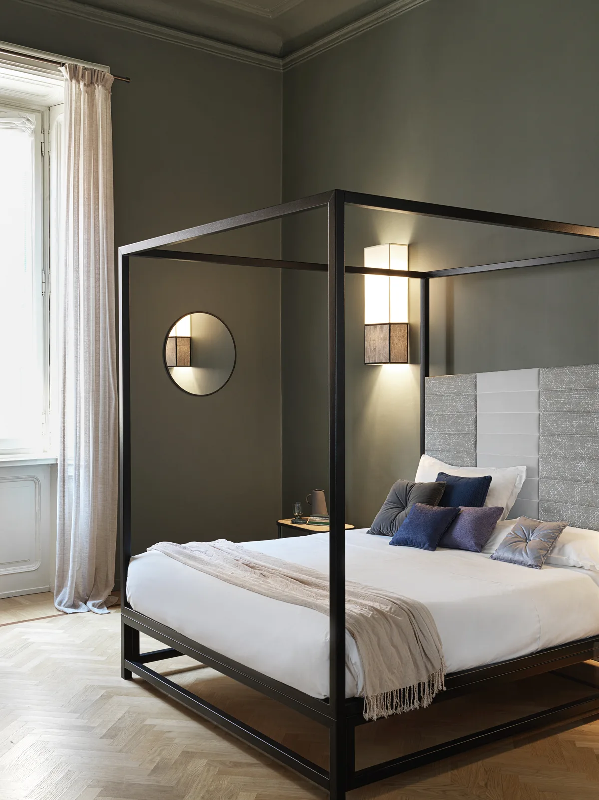Rubelli fabric evoking a modular pattern positioned like the headboards of a four-poster bed. 3D and photography by Filippo Piantanida.