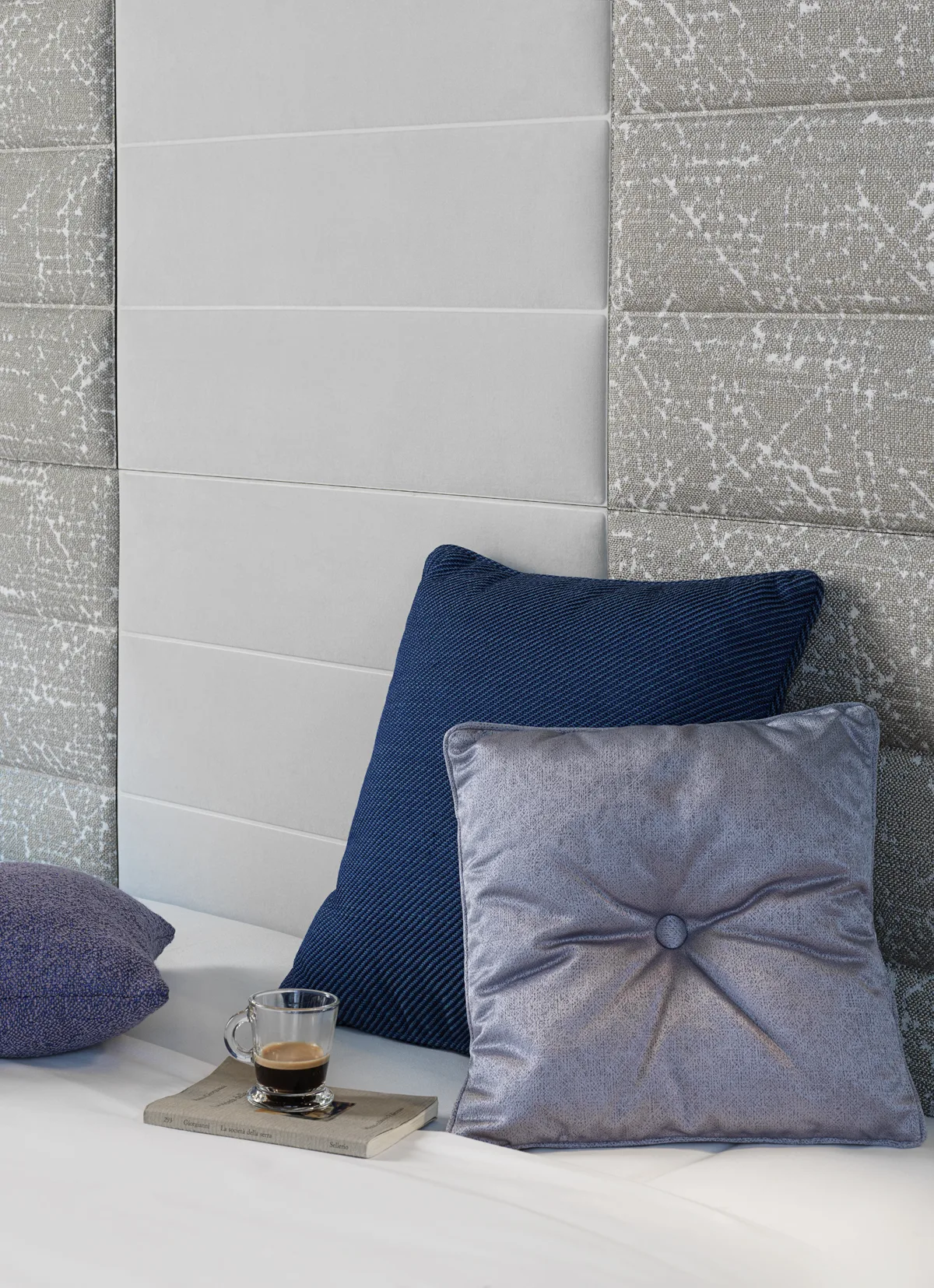 Rubelli fabric with an architectural reading of the material, surfaces marked by geometric rhythm, 3D and photography by Filippo Piantanida.