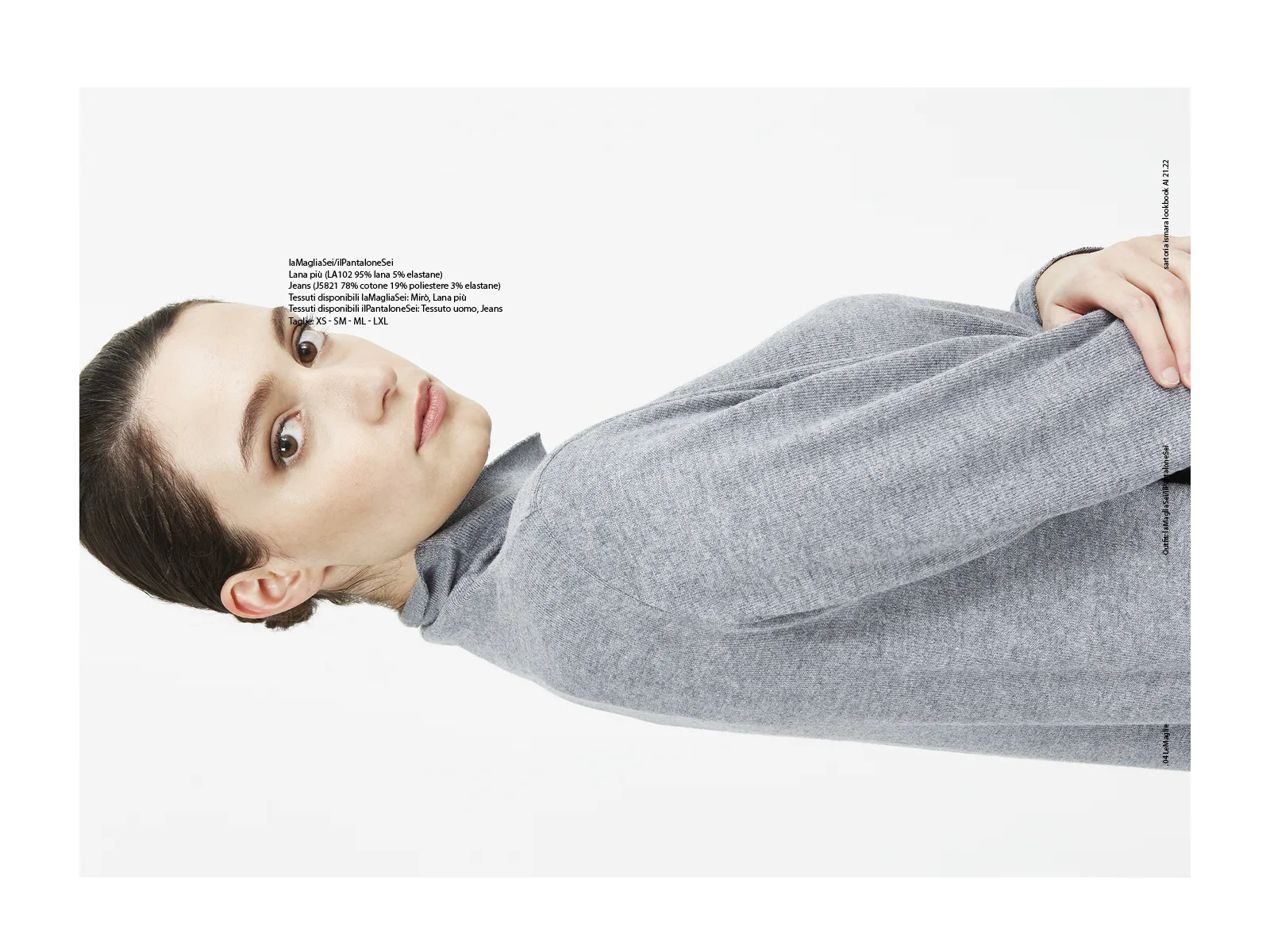 Professional photography services for a fashion brand: close-up of a model in a grey outfit on a white background.