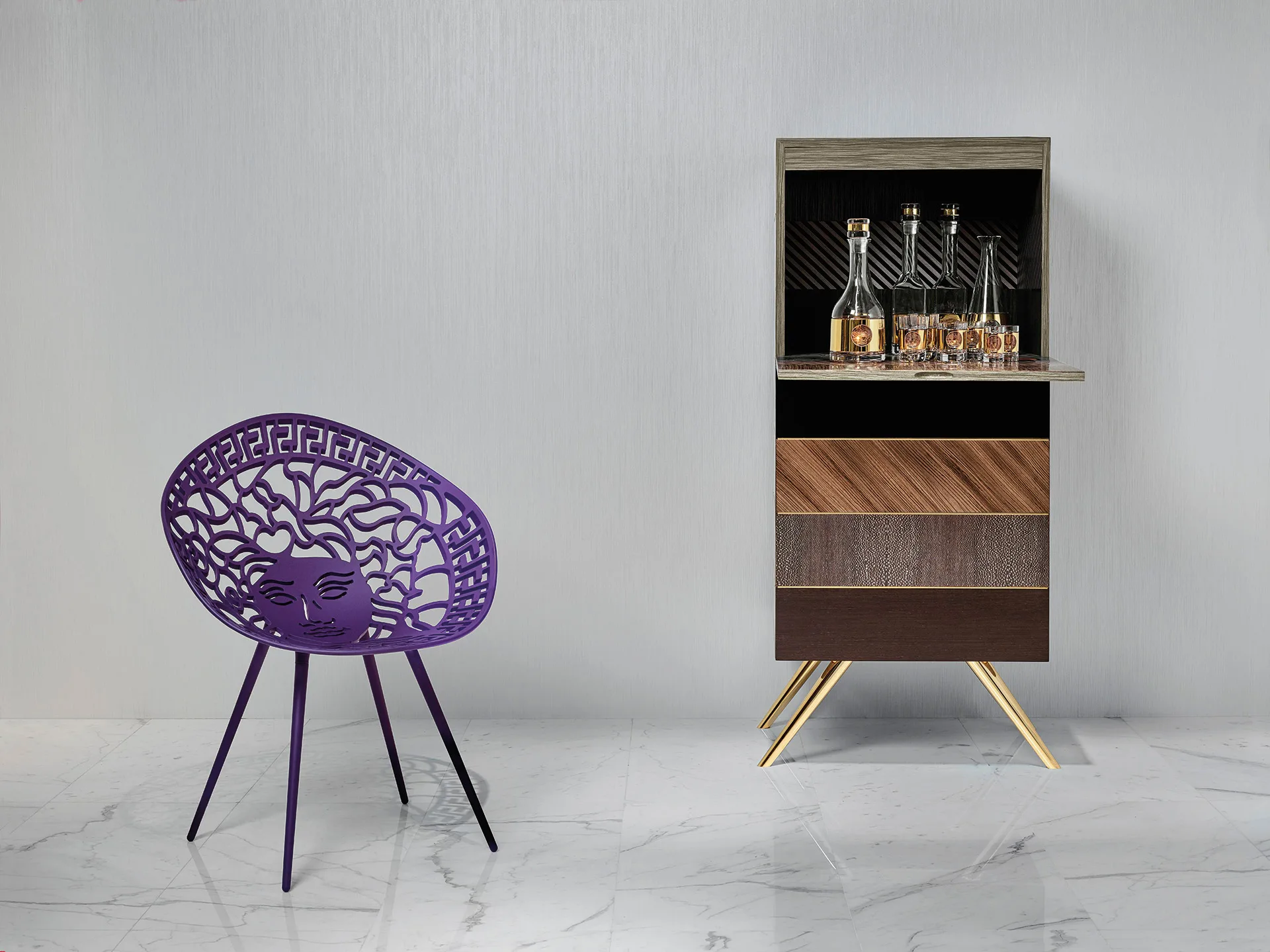 Bar cabinet with a chair. Photography for the Versace Home general catalogue, contemporary living-room setting, still life. Photography Filippo Piantanida